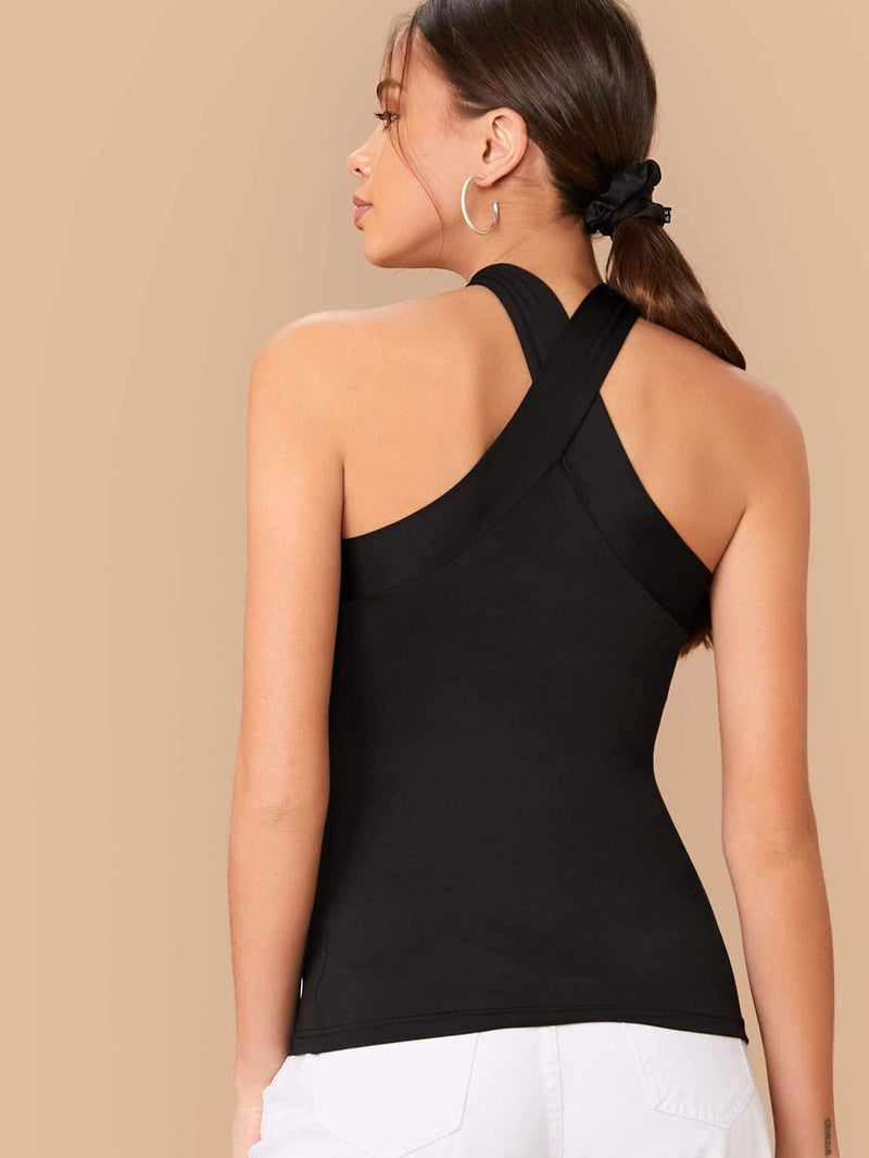 Floerns Women's Solid Criss Cross Halter Top Sleeveless Tee Shirt A Black L - Image 2